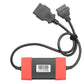 Red and black 24V-to-12V adapter module with diagnostic port connectors and label