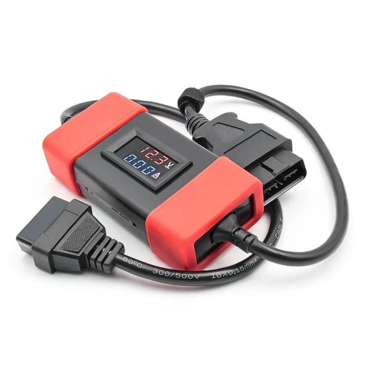 Red and black diagnostic module with digital screen and OBD-style cable connectors