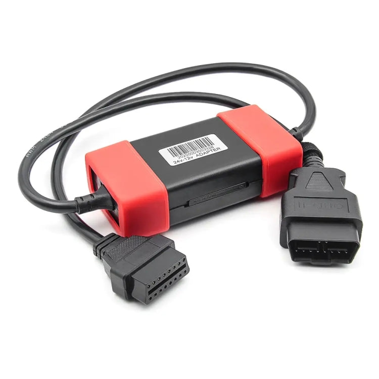 Red and black diagnostic adapter with cable leads and twin OBD connectors