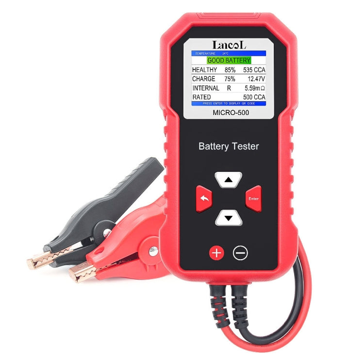 LCD car battery tester with red-and-black handheld display and clamp leads