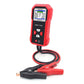 Handheld car battery tester with red body, black screen controls, and test cable