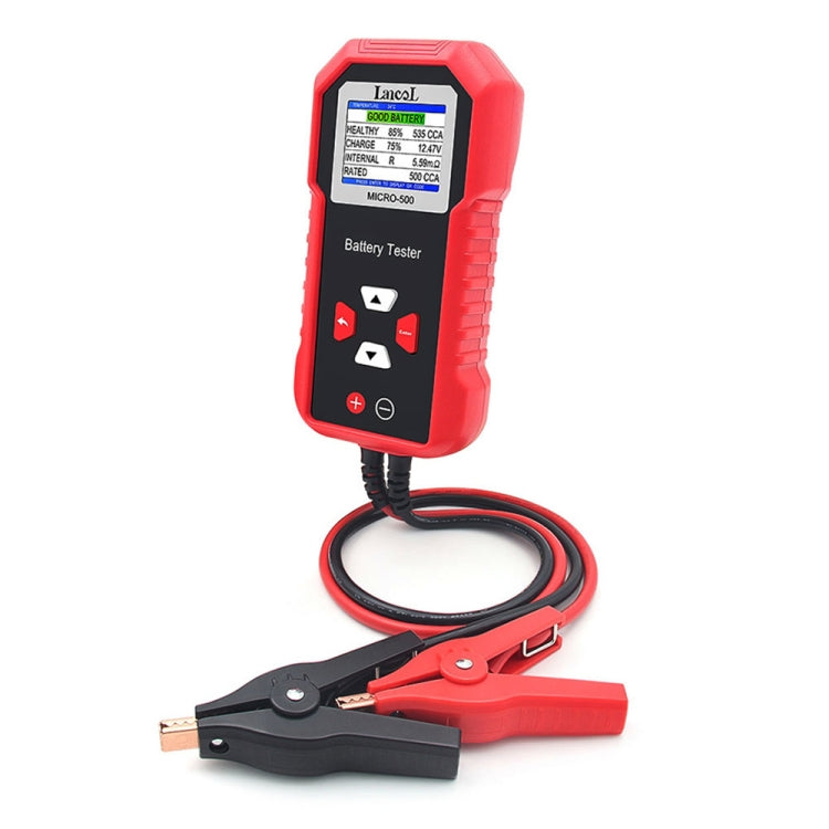 Handheld car battery tester with red body, black screen controls, and test cable