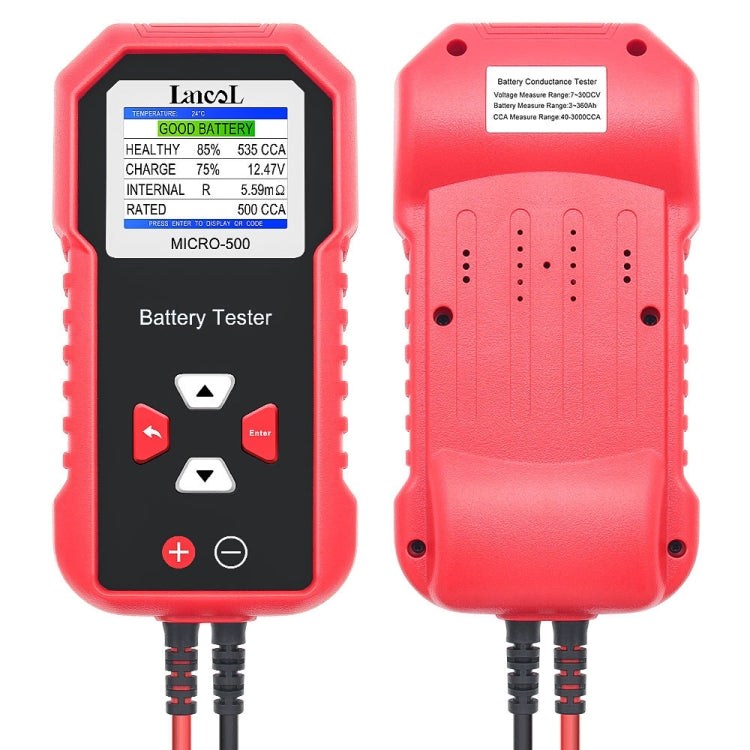 Red car battery tester front LCD and back panel with connector holes