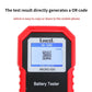 Red car battery tester LCD showing QR code and MICRO-500 label