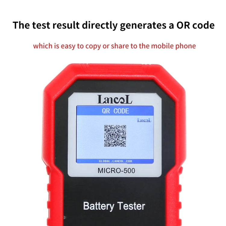 Red car battery tester LCD showing QR code and MICRO-500 label