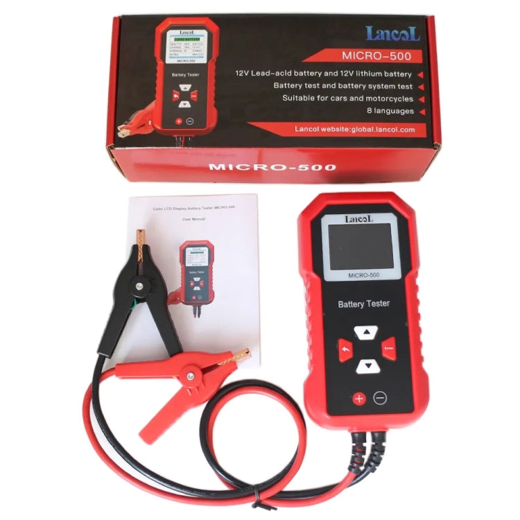Battery tester kit showing handheld unit, clamp leads, and instruction insert