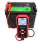 Battery tester connected to a car battery with LCD showing test status