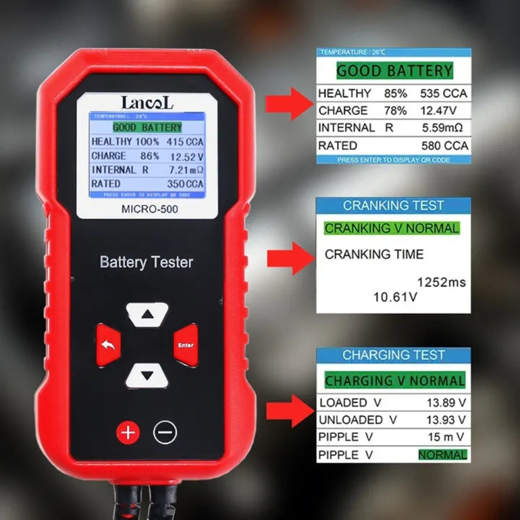 Battery tester LCD with cranking and charging results indicators