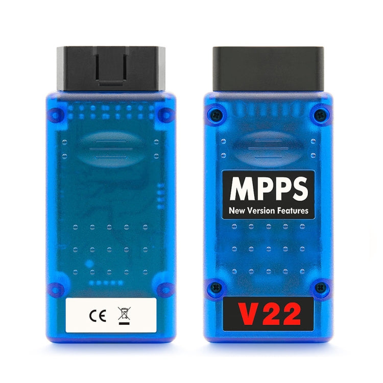 MPPS V22 ECU tuning tool front and back view, blue case with V22 label
