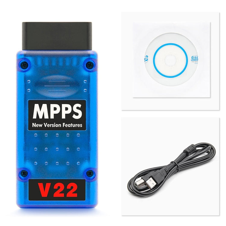 MPPS V22 ECU tuning tool with USB cable, blue unit and CE marking