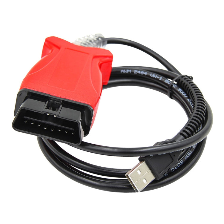OBD2 diagnostic cable with red OBD connector, black lead, USB plug and OBD adapter