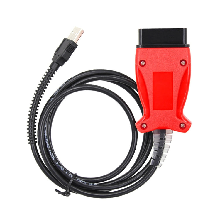 OBD2 diagnostic cable set with red main unit, black cable, USB plug and OBD connector