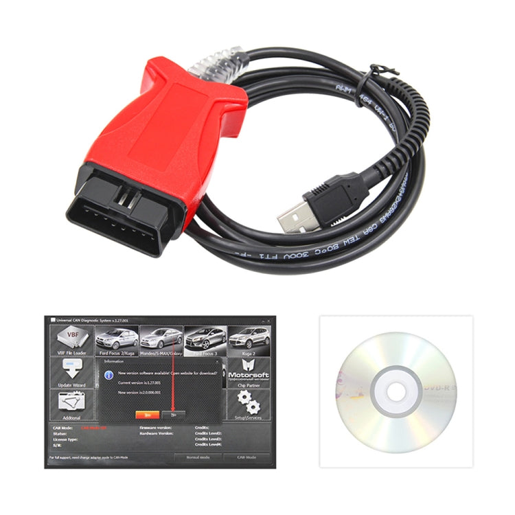 OBD2 diagnostic cable kit with red OBD unit, black cable, included CD and guide