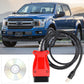 OBD2 diagnostic cable with red unit and black cable, USB plug, shown with CD
