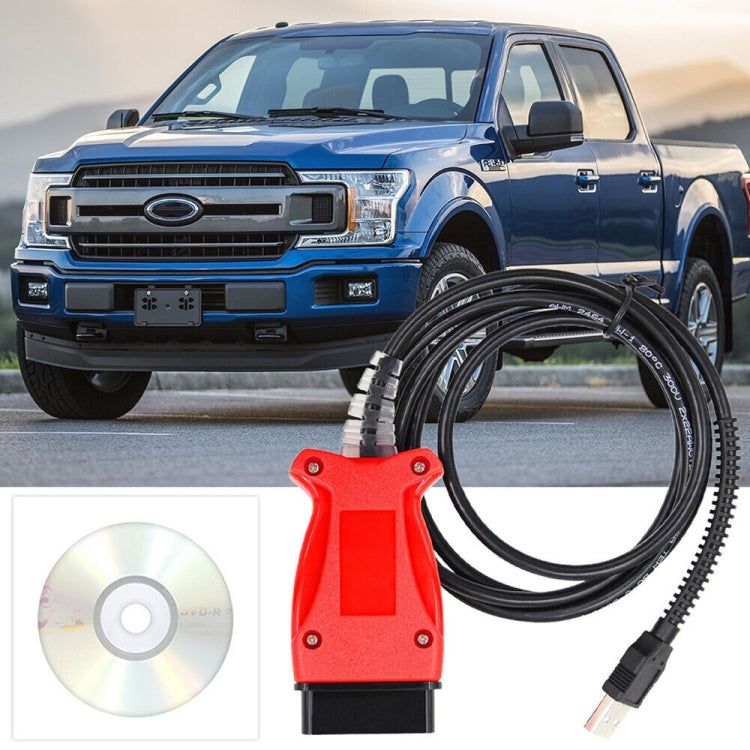 OBD2 diagnostic cable with red unit and black cable, USB plug, shown with CD