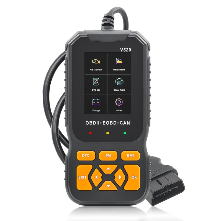 Handheld OBDII+EOBD+CAN code reader with color icon screen and orange control buttons