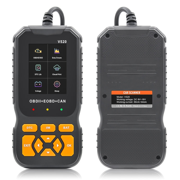 Handheld OBDII+EOBD+CAN code reader front and back view with connector port