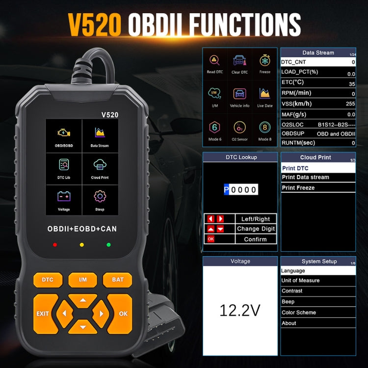 Handheld OBDII fault diagnostic tool with color screen menu and orange control buttons