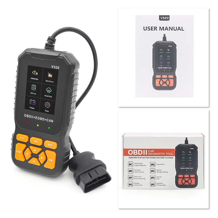 Handheld OBDII+EOBD+CAN code reader with attached OBD cable and user manual