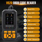 Handheld V520 OBDII code reader showing feature menu options on screen