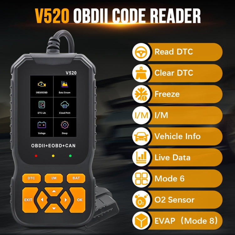 Handheld V520 OBDII code reader showing feature menu options on screen