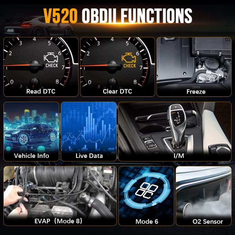 Handheld OBDII code reader functions display with vehicle gauges and engine imagery