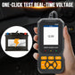 Handheld OBDII code reader held in hand, showing real-time voltage on screen