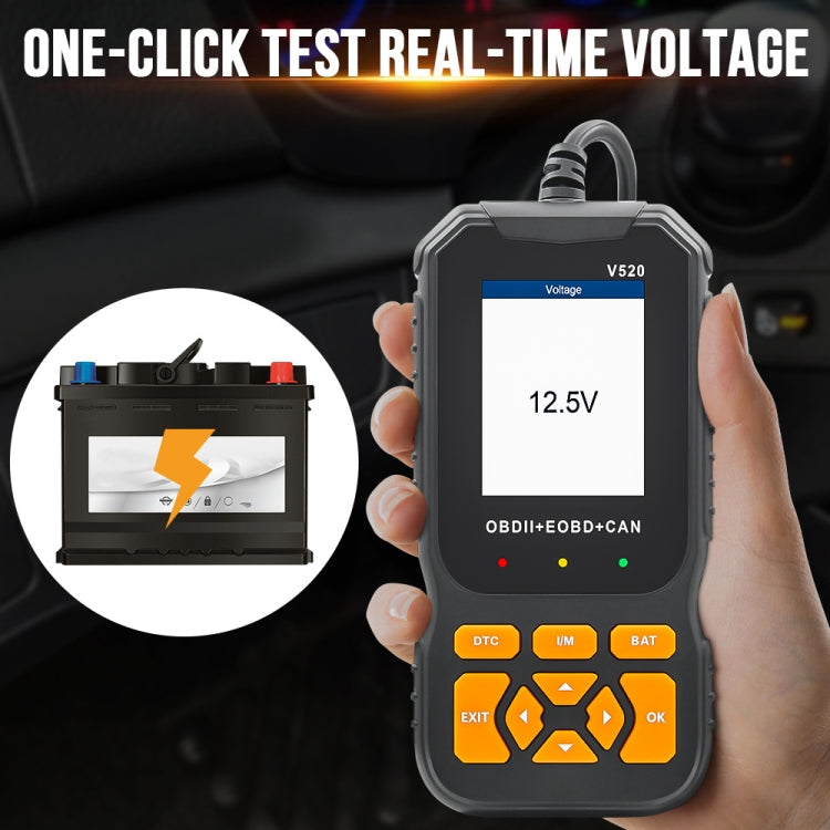 Handheld OBDII code reader held in hand, showing real-time voltage on screen