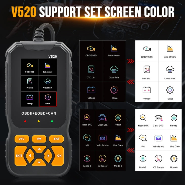 Handheld V520 OBDII code reader with selectable screen color display examples
