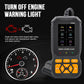 Handheld OBDII code reader next to dashboard gauge, showing warning light controls