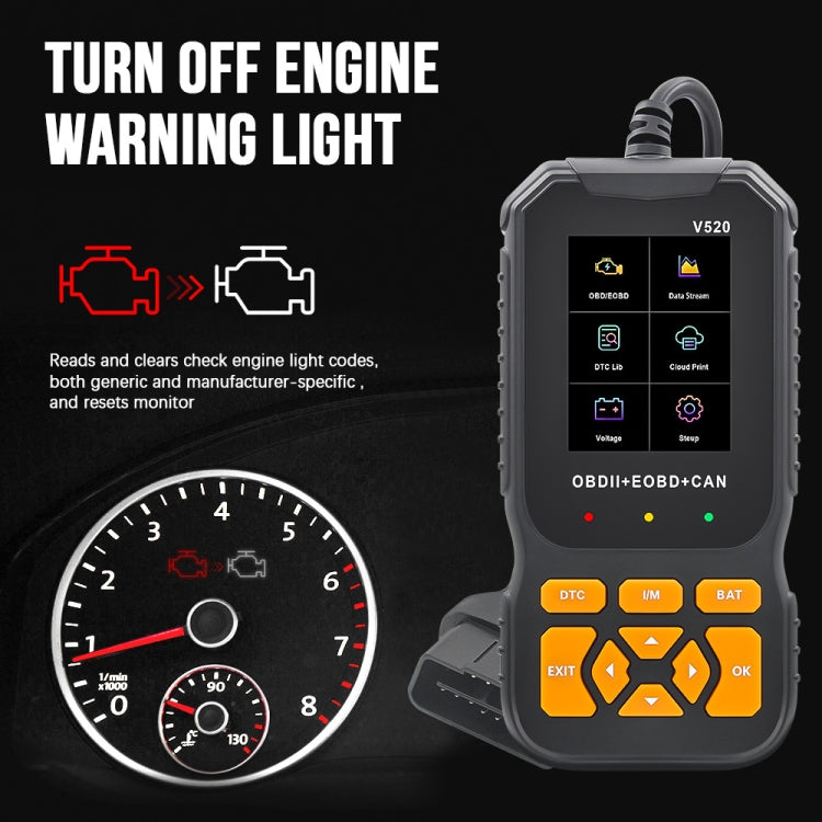Handheld OBDII code reader next to dashboard gauge, showing warning light controls