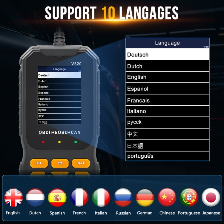 Handheld OBDII code reader with language selection list and on-screen prompts