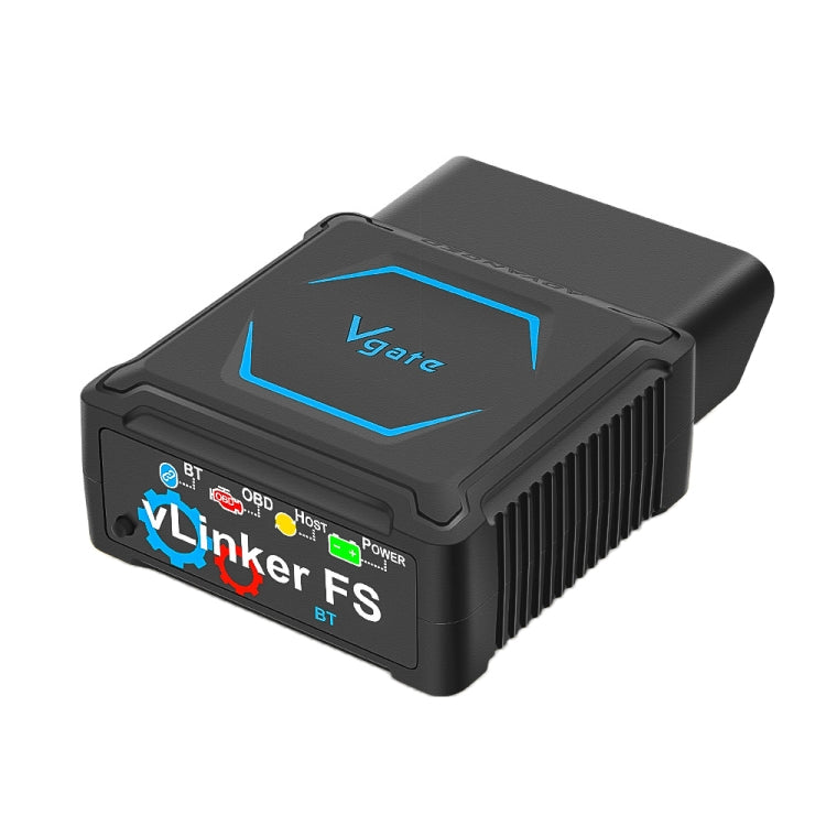 Black OBD2 Bluetooth diagnostic tool with blue-lit screen and side fins