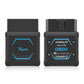 Black OBD2 Bluetooth diagnostic tool front and back views with blue logo