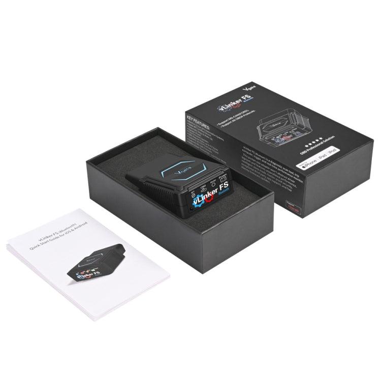Black OBD2 Bluetooth diagnostic tool kit in open box with instruction sheet