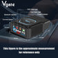Black OBD2 Bluetooth diagnostic tool on dashboard with indicator label callouts