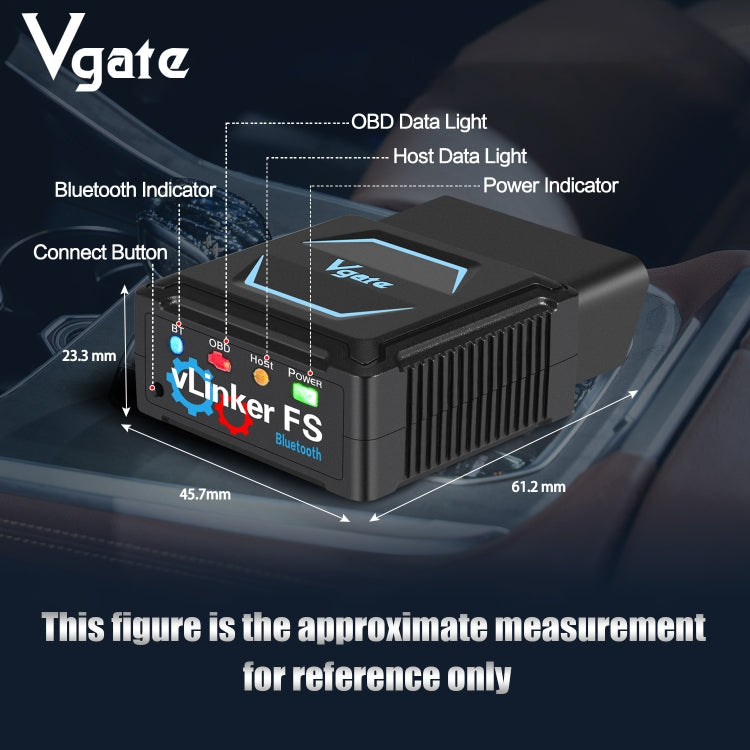 Black OBD2 Bluetooth diagnostic tool on dashboard with indicator label callouts