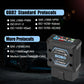 Black OBD2 Bluetooth diagnostic tool next to on-screen protocol list graphic