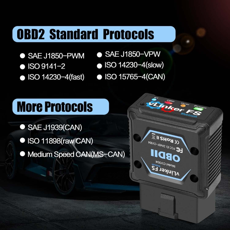 Black OBD2 Bluetooth diagnostic tool next to on-screen protocol list graphic