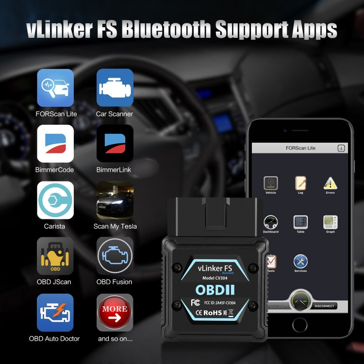 Black OBD2 Bluetooth diagnostic tool with smartphone app icons and connect view