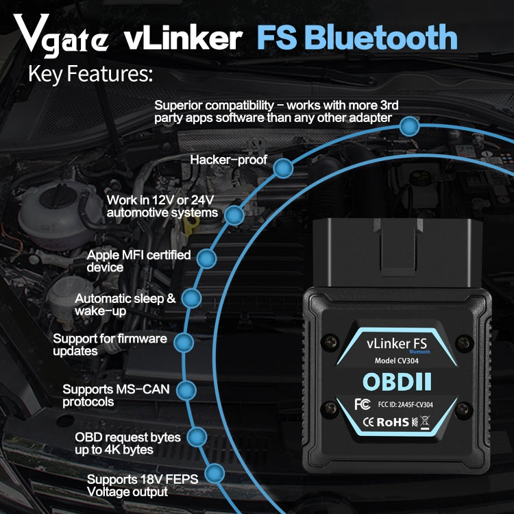 Black OBD2 Bluetooth diagnostic tool with blue feature callout diagram