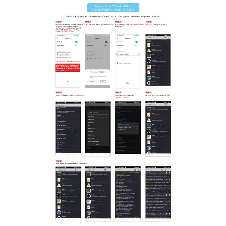 OBD2 Bluetooth diagnostic tool Android connection guide screenshot collage