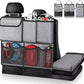Grey car seat organizer storage bag with multiple mesh and side pockets plus fold-out panel