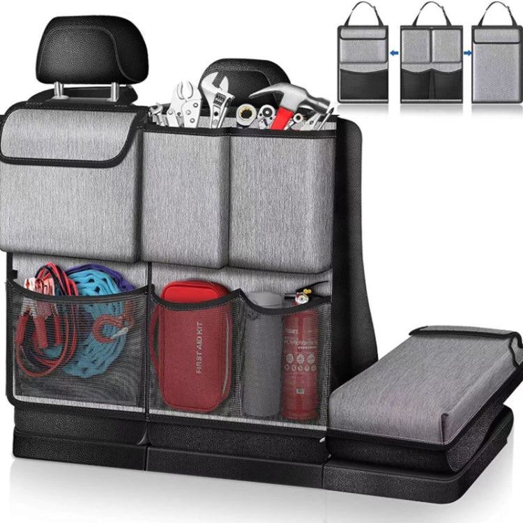 Grey car seat organizer storage bag with multiple mesh and side pockets plus fold-out panel