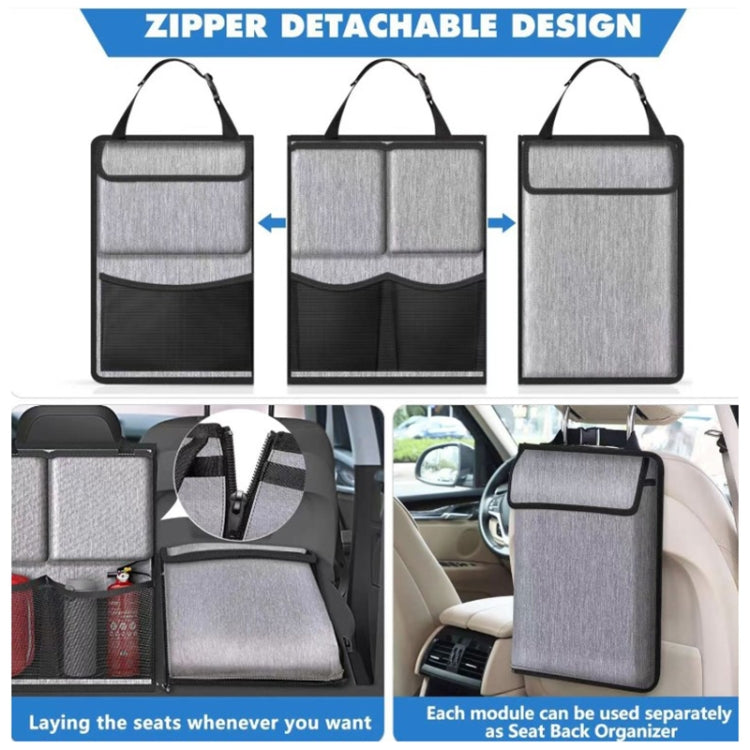 Grey modular car organizer bag with three detachable pocket sections and top carry handle