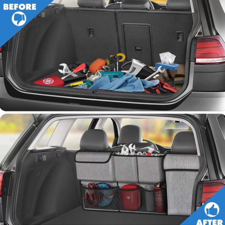 Black multi-pocket car organizer bag installed in the trunk with front storage compartments