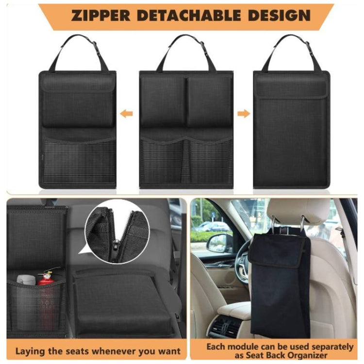 Black modular car organizer bag with three zip sections and top carry handle