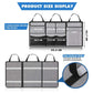 Grey car organizer bag set with three panels, top handles, and adjustable buckle clips