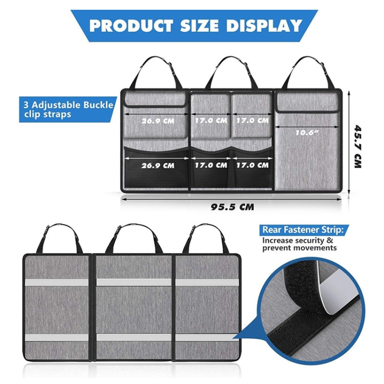 Grey car organizer bag set with three panels, top handles, and adjustable buckle clips