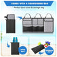 Grey car organizer bag with three sections and a matching drawstring storage cover bag